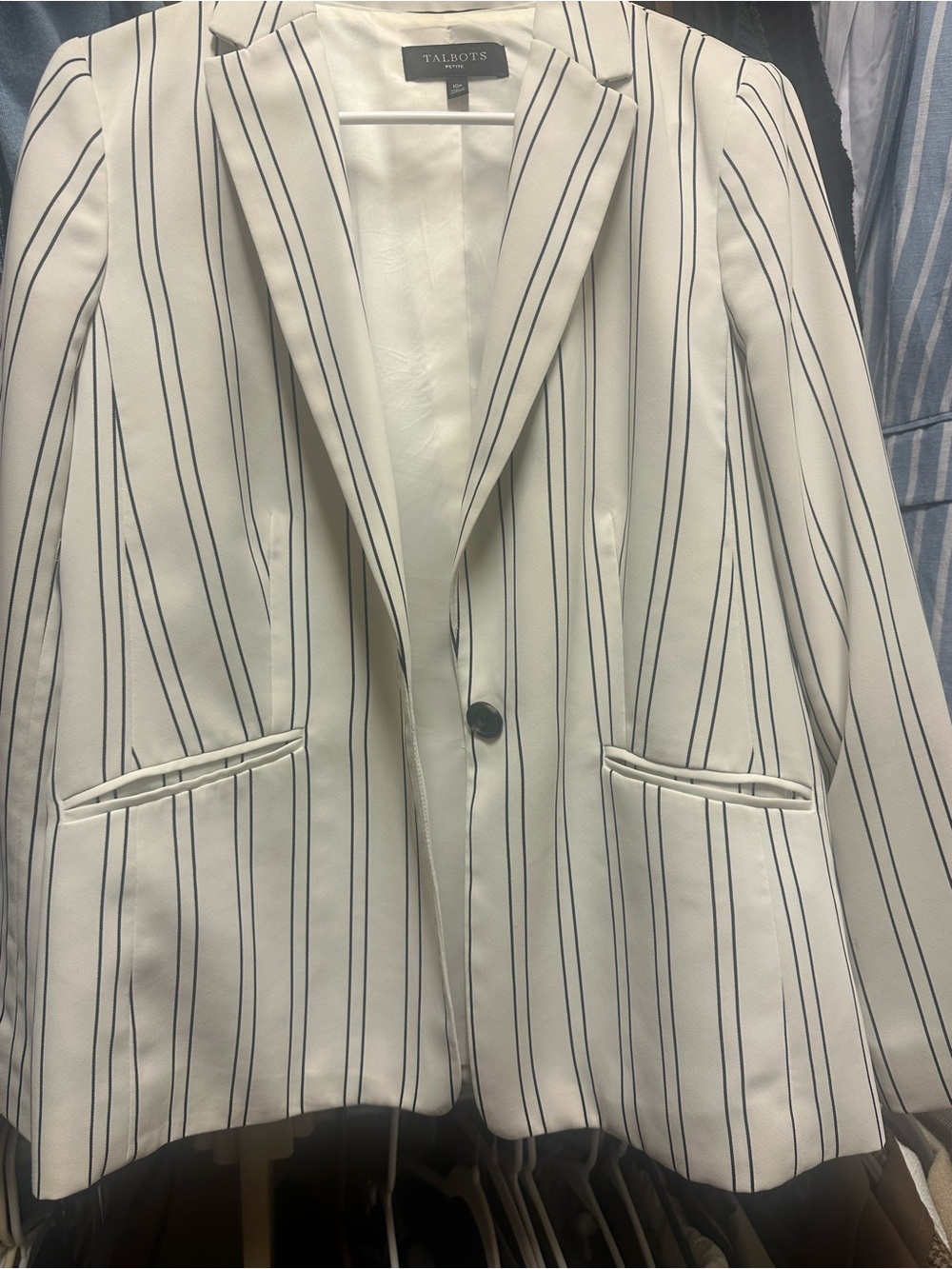 Talbots White Blazer with Navy Pinstripes
